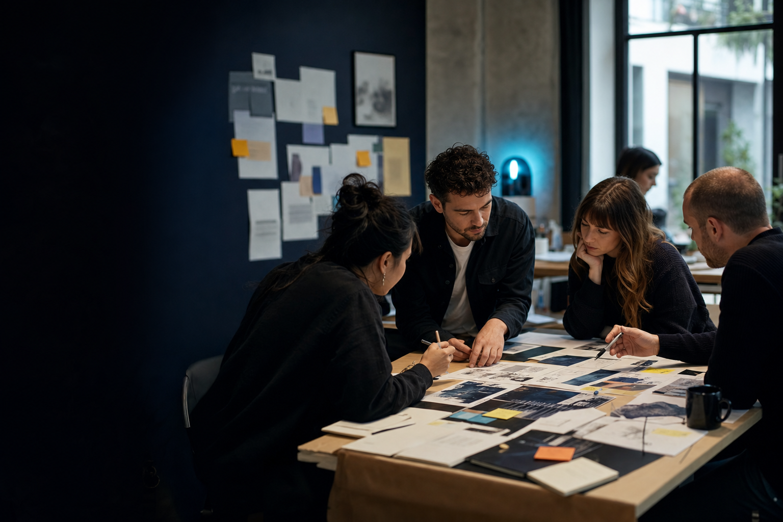Creative team collaborating around a table covered with research and visual materials.