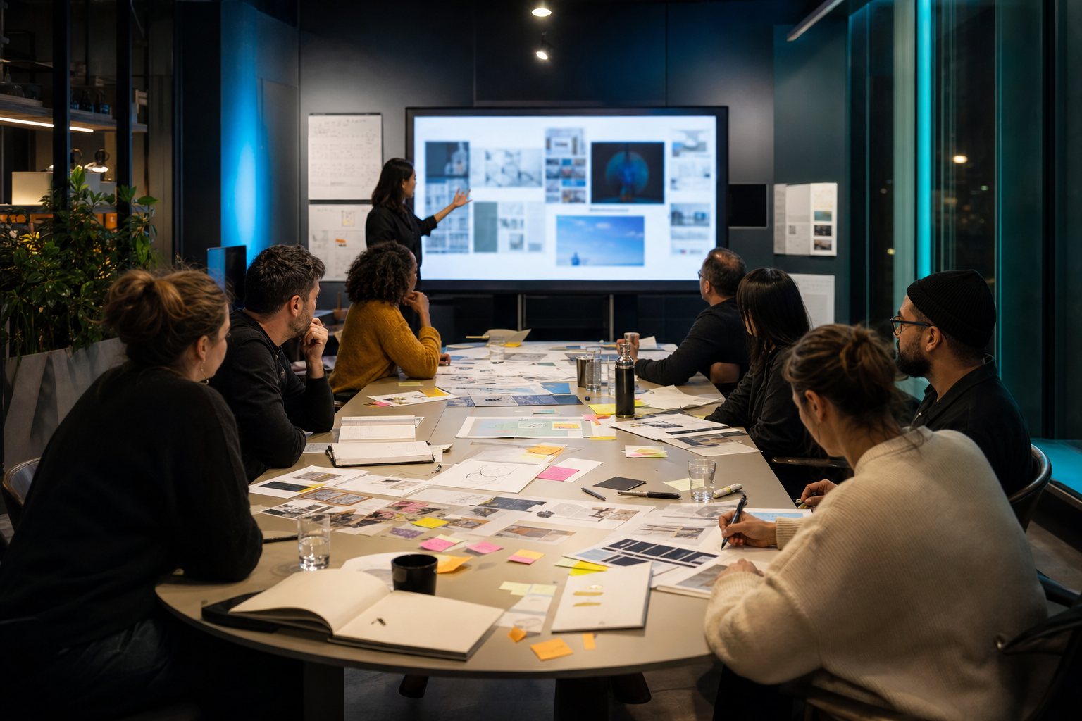 Facilitated innovation workshop with a team discussing visual concepts around a table.