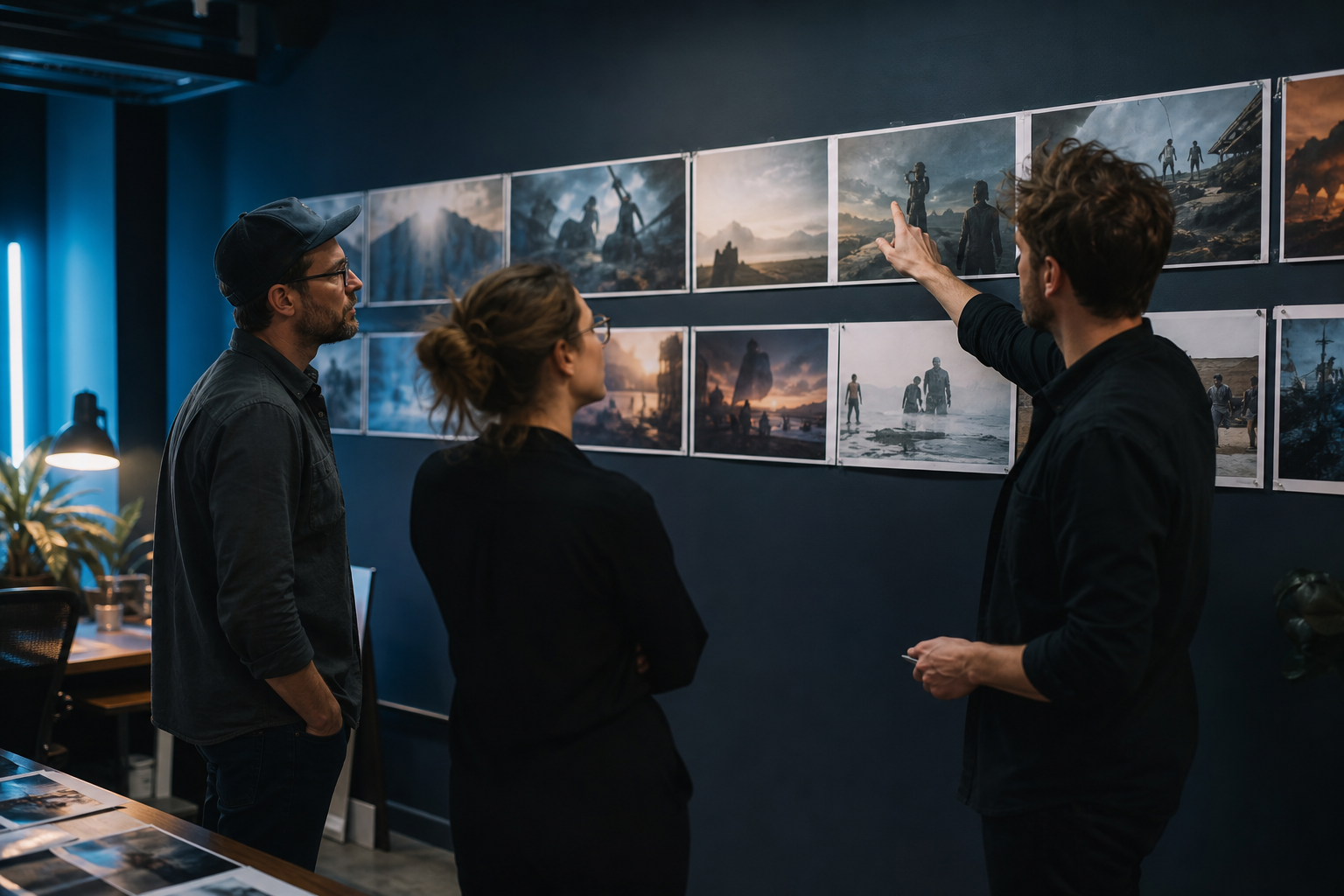 Creative colleagues arranging visual storyboard panels together in a studio.