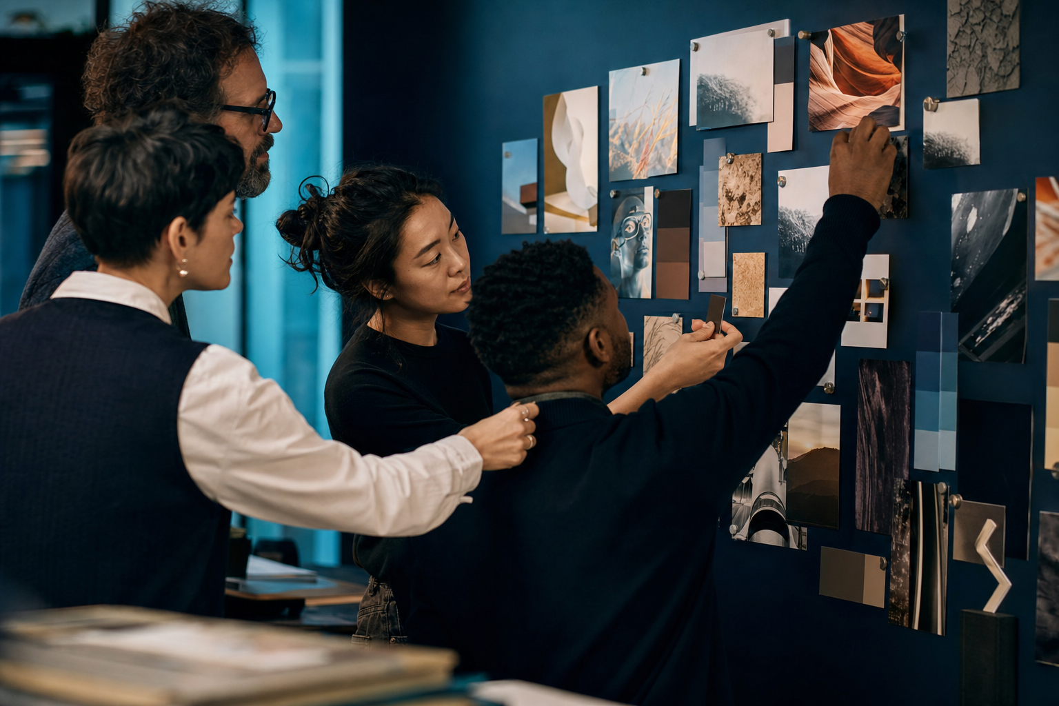 Researchers and creative colleagues connecting research materials on a studio wall.
