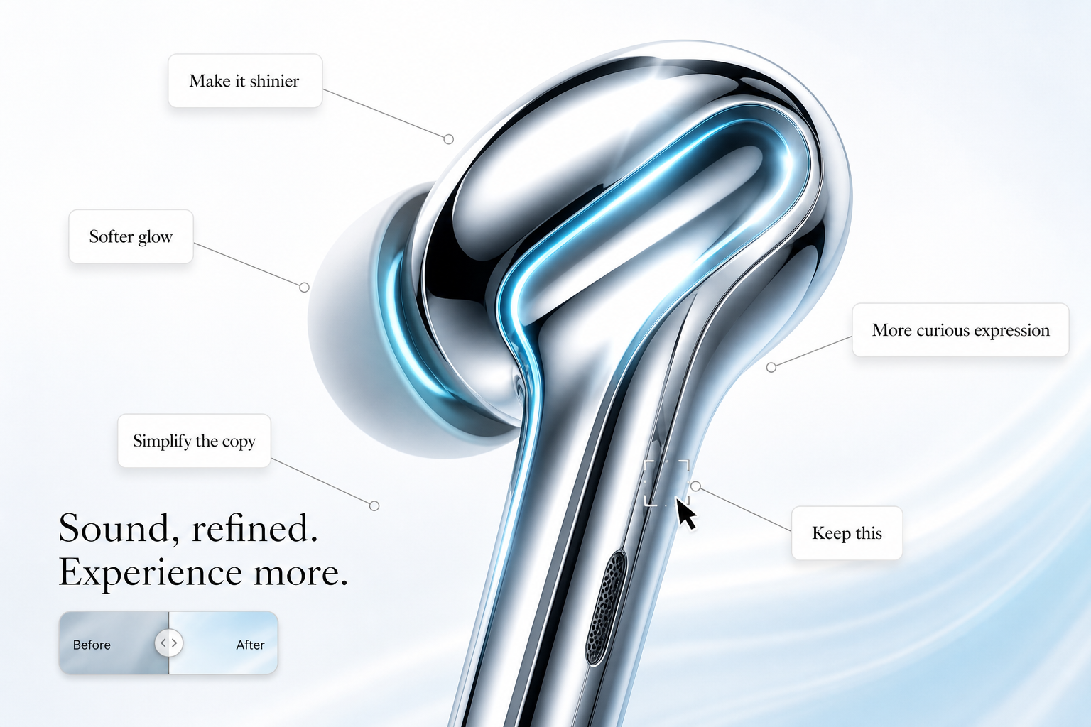 A futuristic earbud advert with visual feedback callouts showing how respondents can improve the creative work.